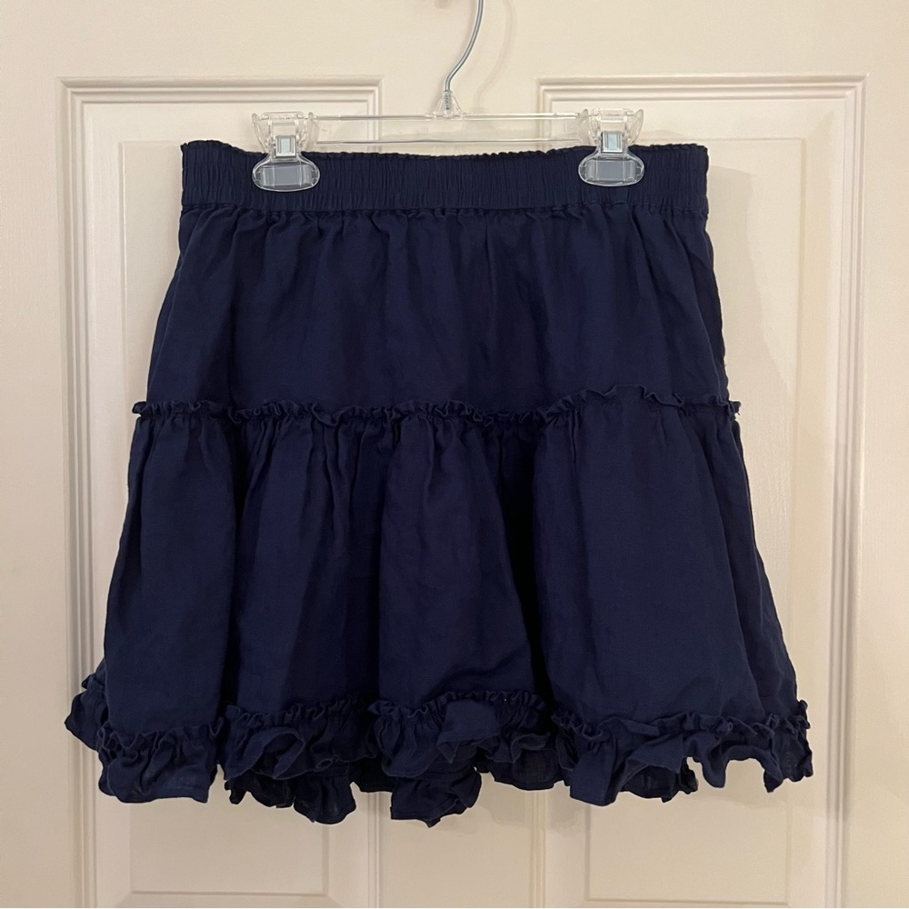 Hill House Home paz skirt in navy linen ruffle skirt with elastic waistband L
